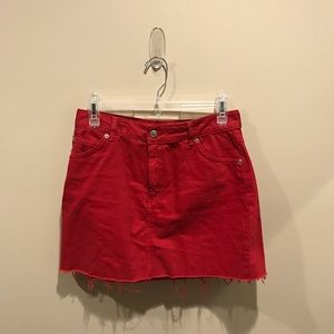 topshop red distressed denim skirt!